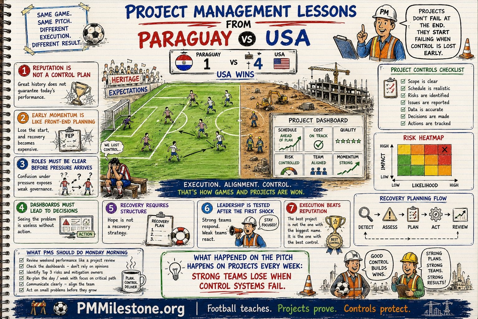 Project Management Lessons from Paraguay vs USA — seven distilled lessons infographic