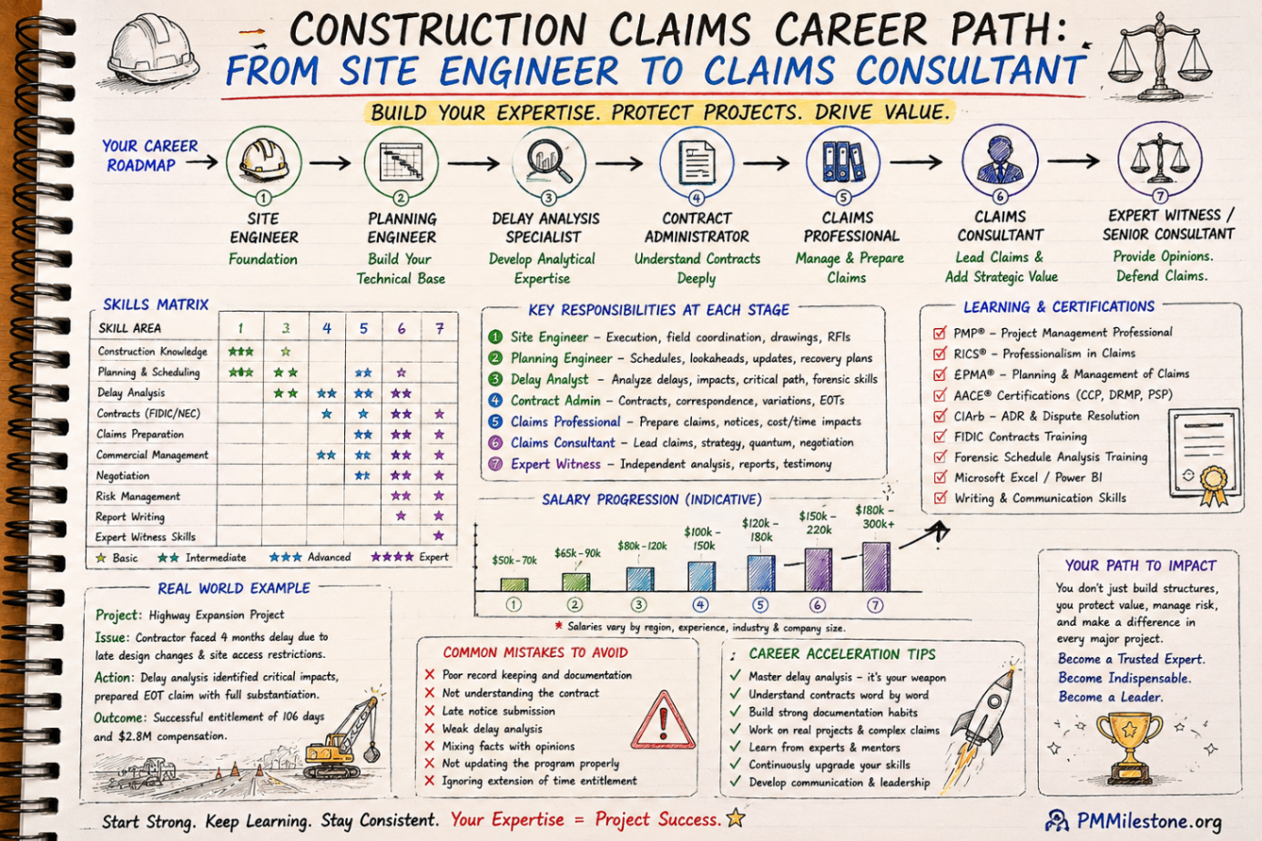 Five-year project controls learning roadmap showing planning, cost, risk, reporting, PMO and leadership progression