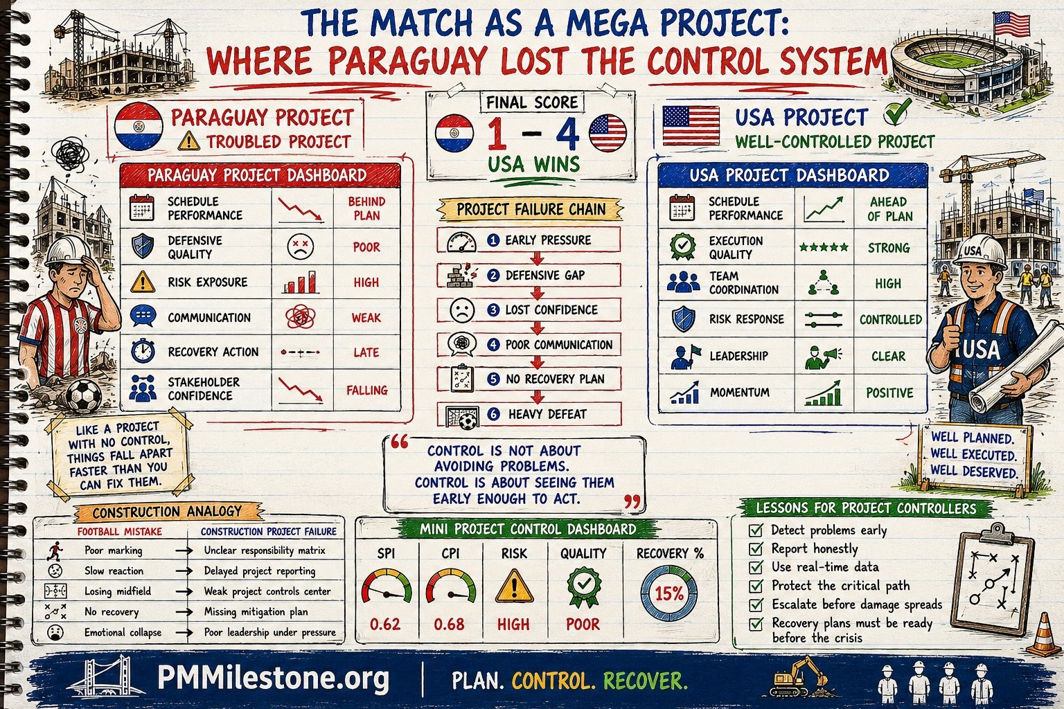 The match as a mega project — Paraguay troubled project dashboard versus USA well-controlled project dashboard