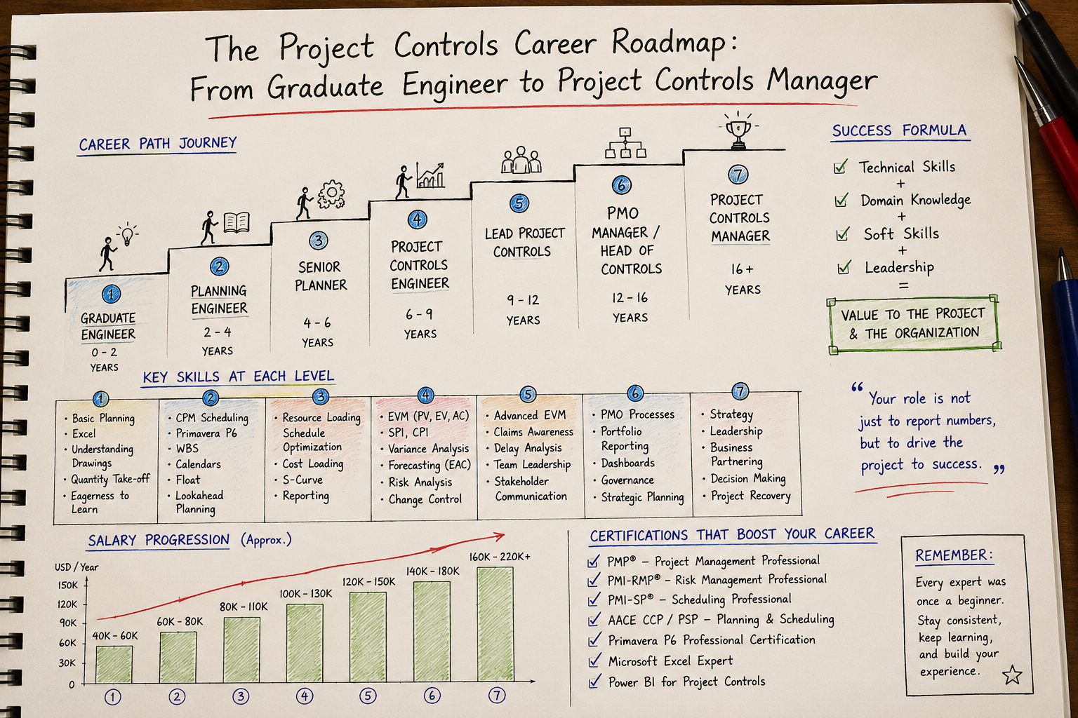 Detailed project controls career roadmap from graduate engineer to project controls manager with key skills at each level and certifications