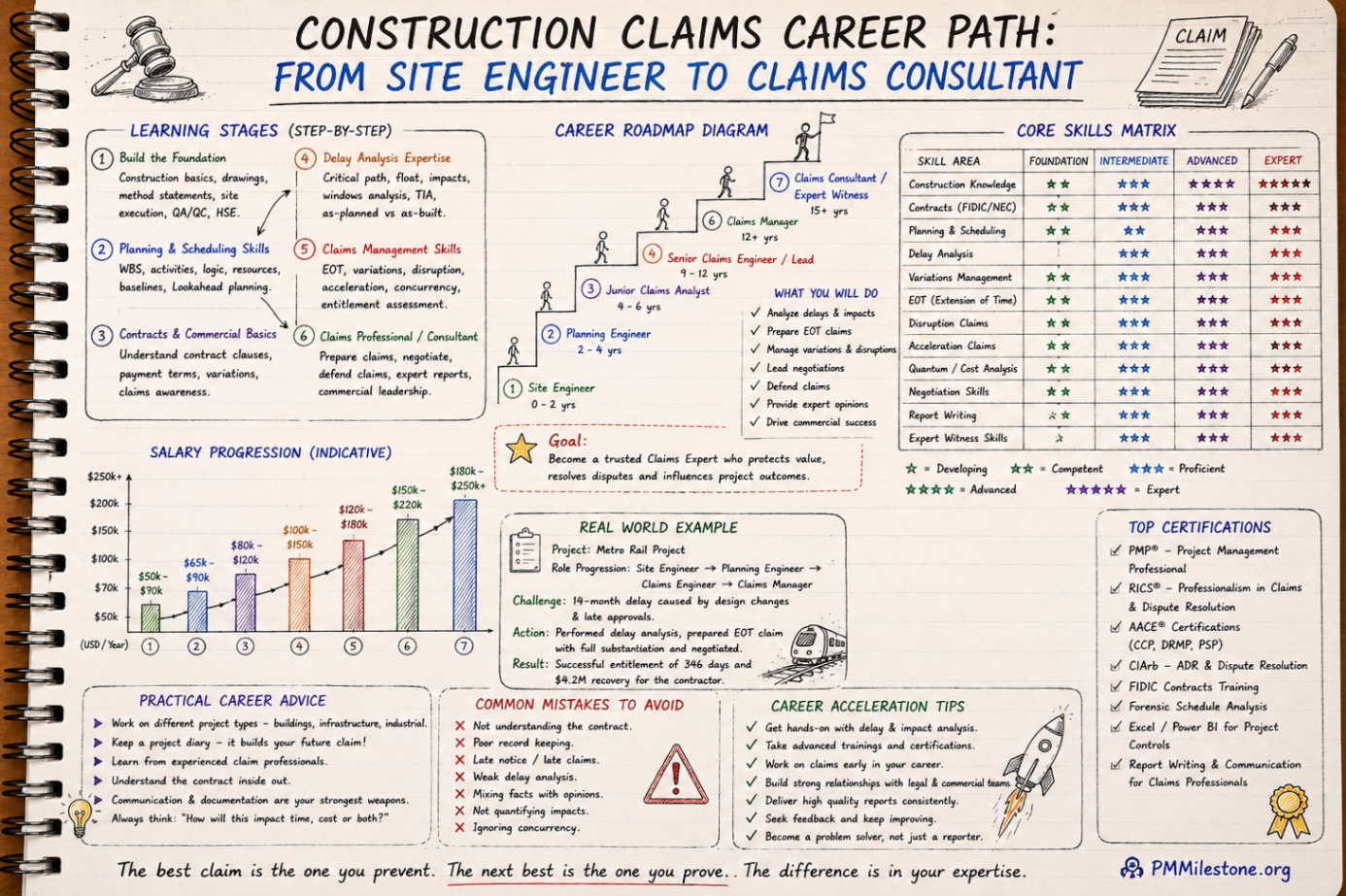 Learning stages, core skills matrix and practical career advice for construction claims progression