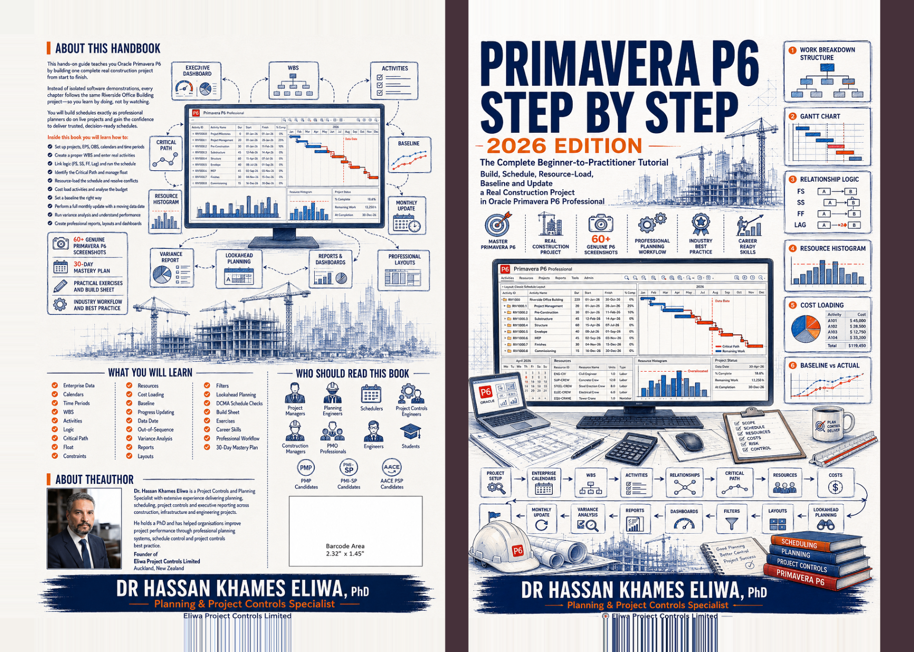 Primavera P6 Step by Step — 2026 Edition full-wrap hardcover cover by Dr. Hassan Khames Eliwa, showing WBS, Gantt chart, resource histogram and construction workflow diagrams.
