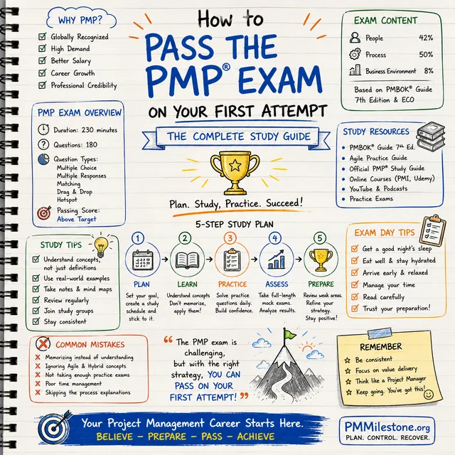 Hand-drawn infographic titled 'How to Pass the PMP Exam on Your First Attempt' showing exam overview, ECO content split, 5-step study plan, study tips, common mistakes and exam day tips on PMMilestone.org.