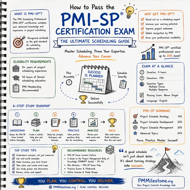 Hand-drawn infographic titled 'How to Pass the PMI-SP Certification Exam' showing eligibility requirements, exam at a glance, PMI-SP domains, 6-step study roadmap, top study tips and recommended resources on PMMilestone.org.