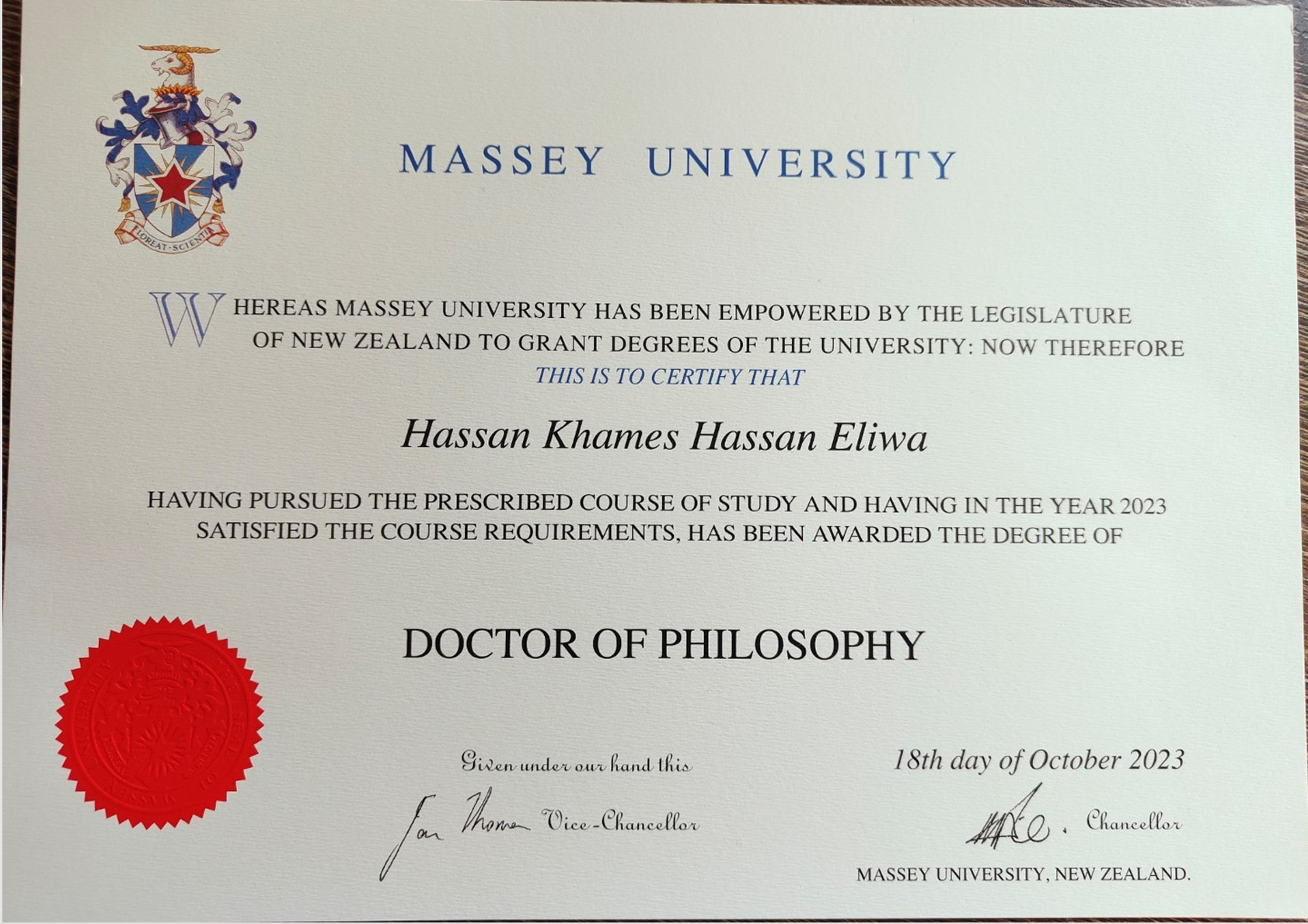 Doctor of Philosophy certificate issued to Hassan Khames Hassan Eliwa by Massey University, New Zealand, dated 18 October 2023.