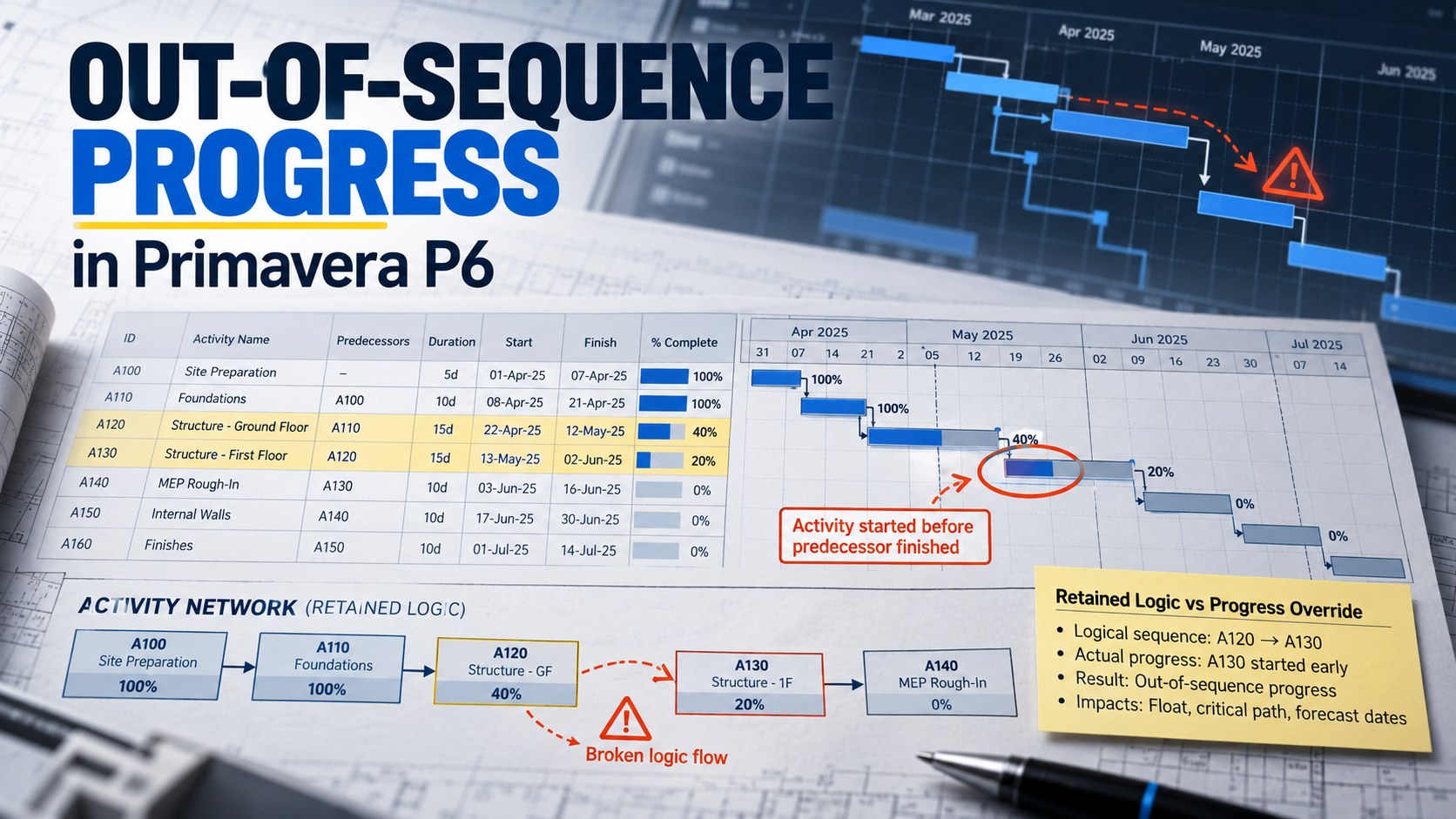 Out-of-sequence progress in Primavera P6 showing an early-started successor, activity network, and retained logic versus progress override