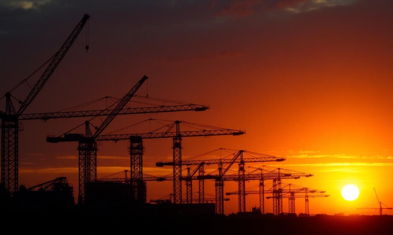 Construction site with cranes silhouetted at sunset