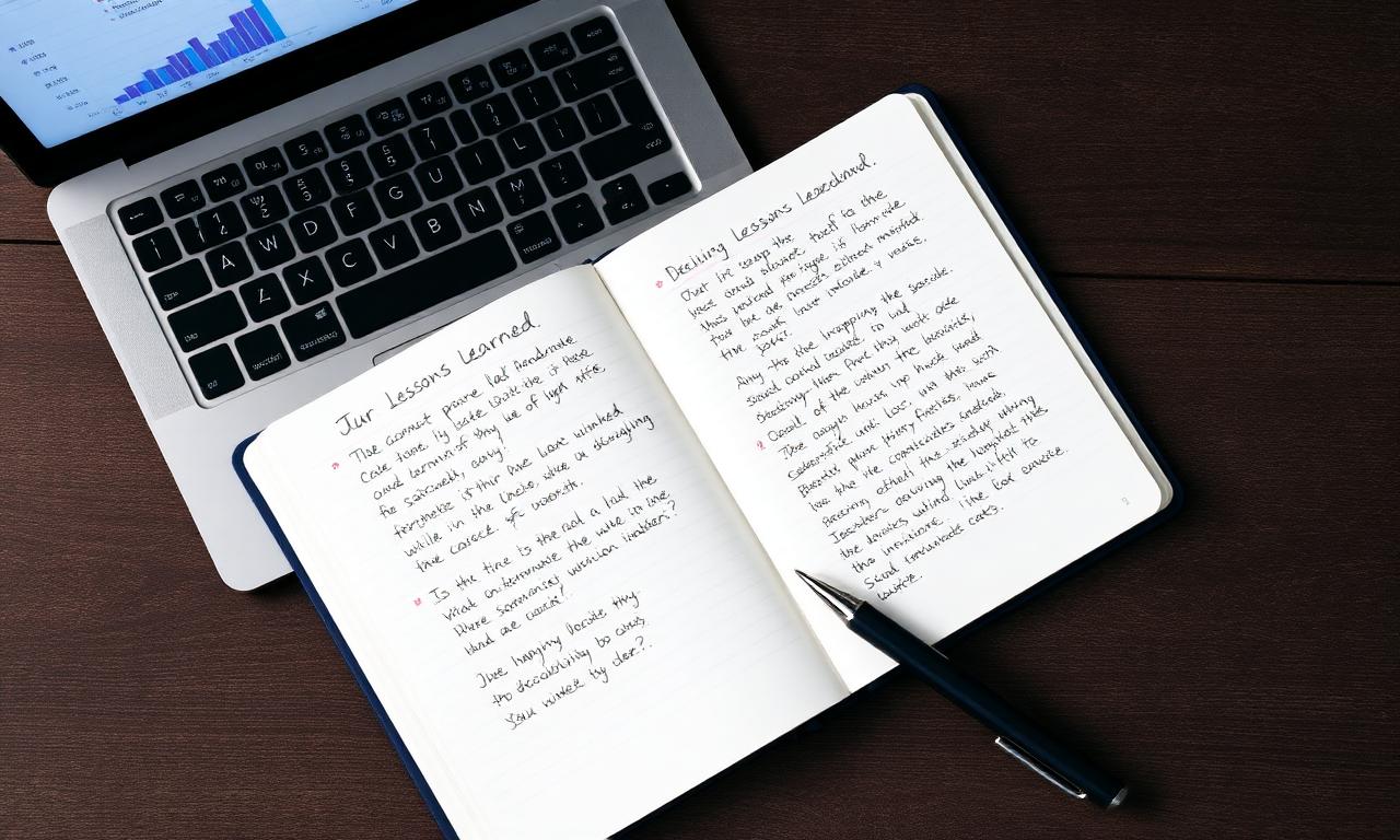 Open notebook with handwritten lessons learned next to laptop with charts