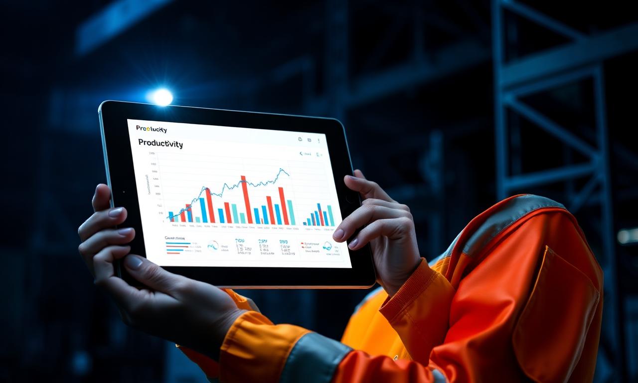 Construction worker holding tablet with productivity chart visible