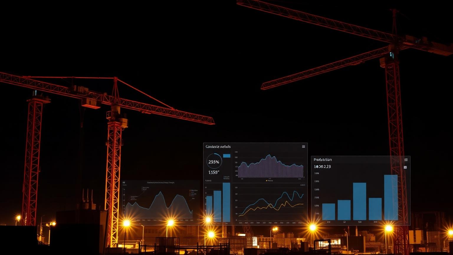 Construction site at night with cranes and overlaid dashboards