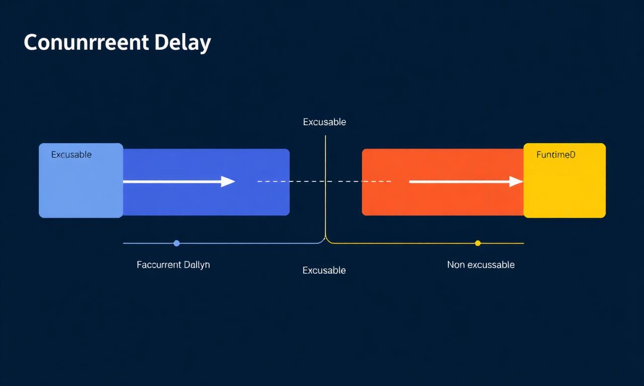 Diagram showing concurrent excusable and non-excusable delays on parallel critical paths