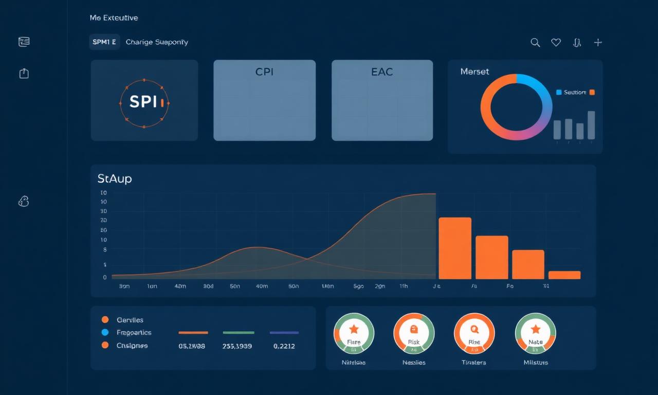 Dark navy mockup of an executive dashboard with SPI CPI EAC tiles, S-curve and risk heatmap