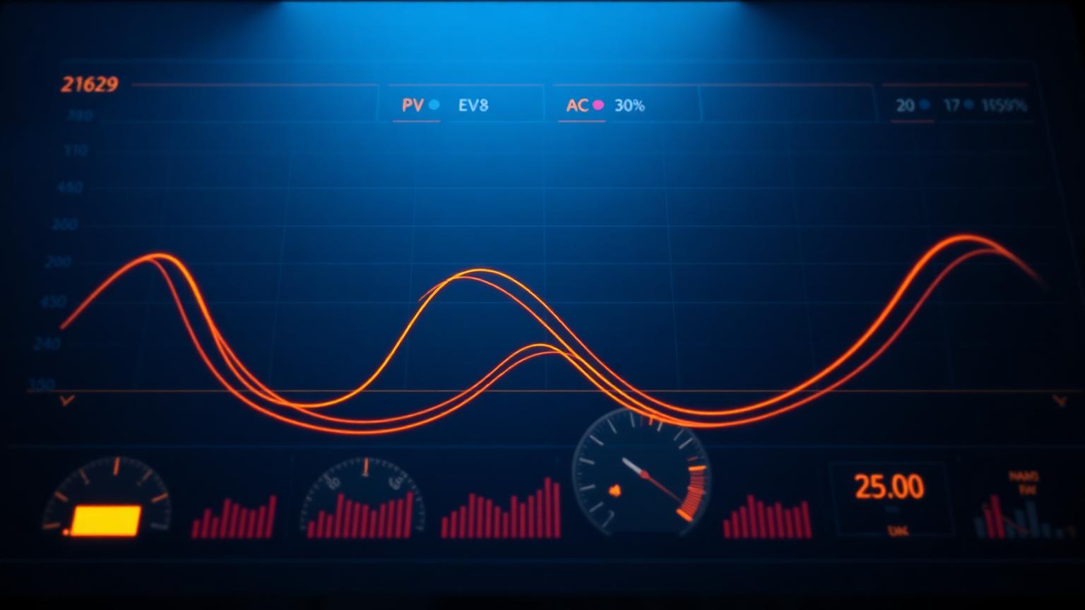 Dark navy earned value dashboard with glowing S-curves