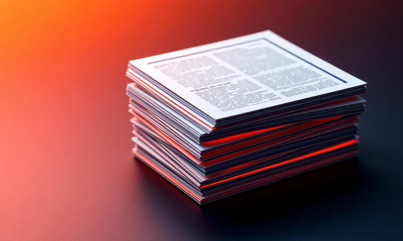 Stack of glowing editorial article cards floating on dark navy