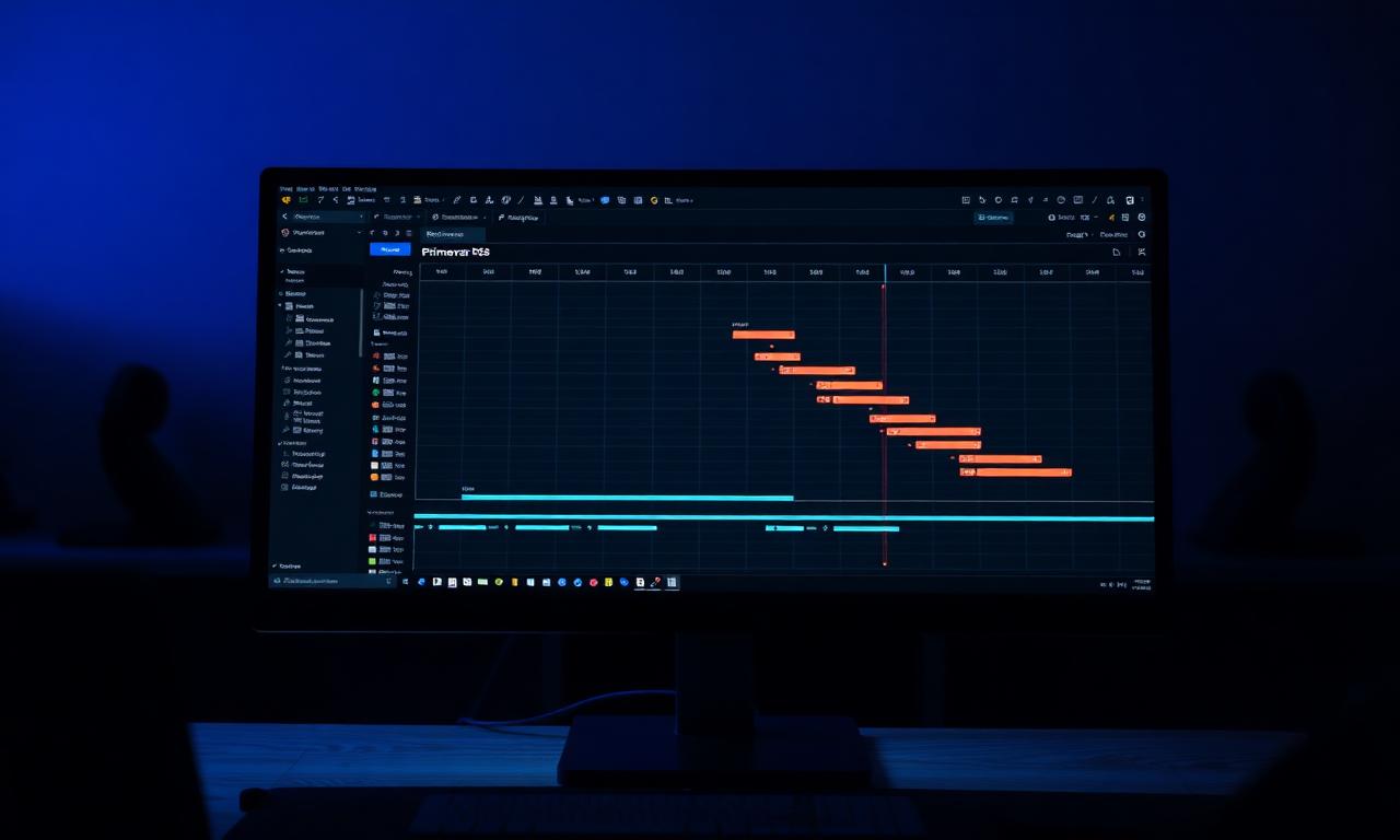 Planner working on Primavera P6 style schedule on widescreen monitor