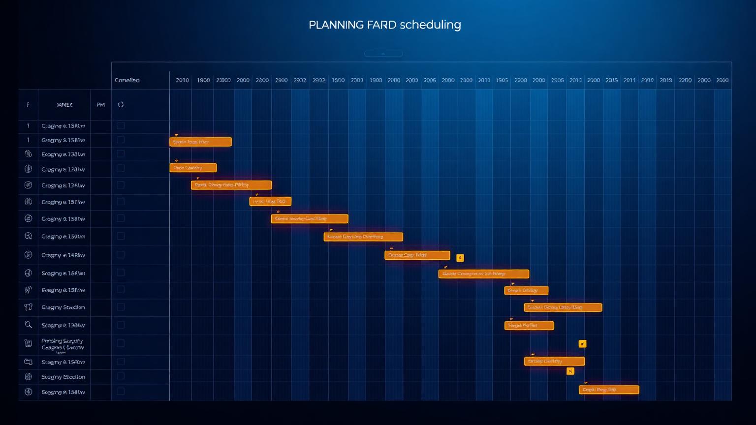 Dark navy Gantt chart with glowing critical path