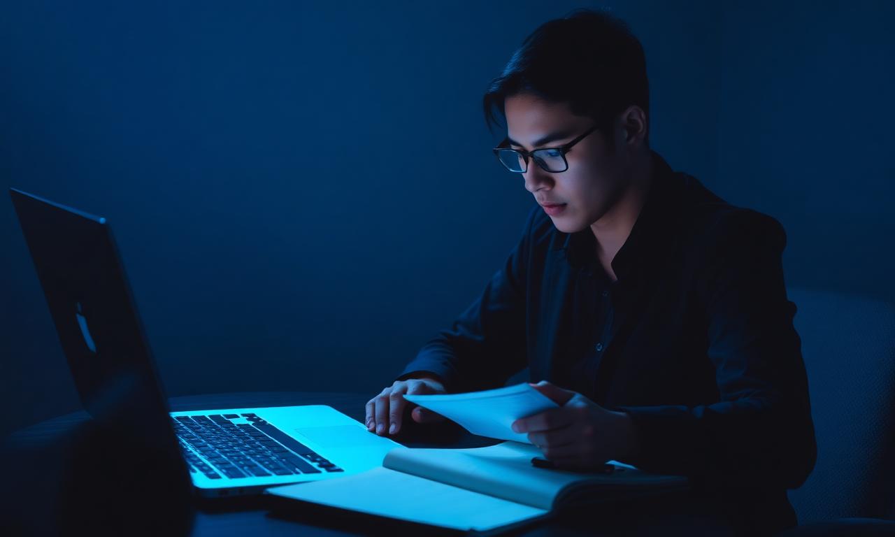 Professional studying with laptop and notes under blue ambient light