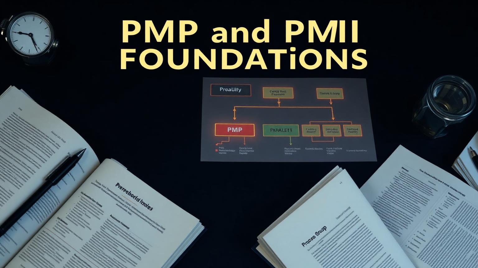 Dark navy desk with PMP study books and process map