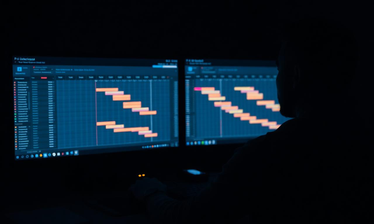 Project controls analyst reviewing schedule baseline on dual monitors