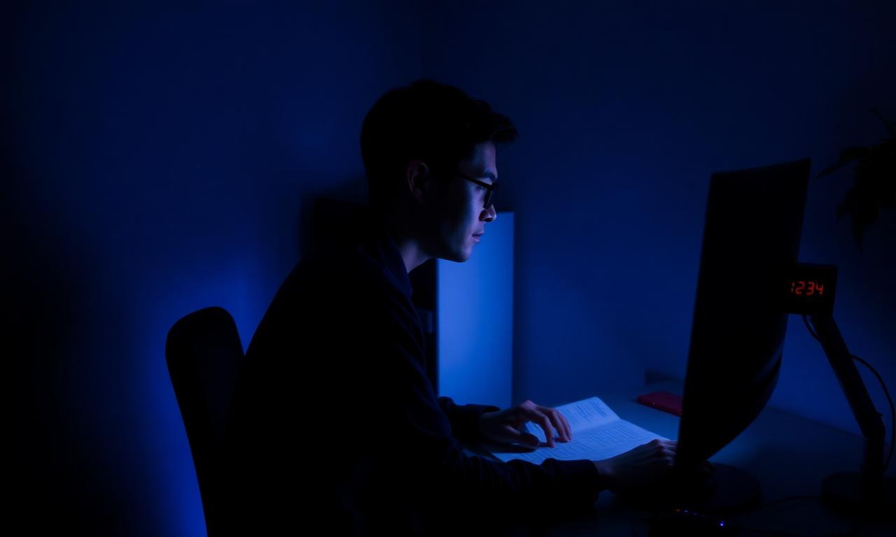 Person taking exam at computer with timer visible in corner