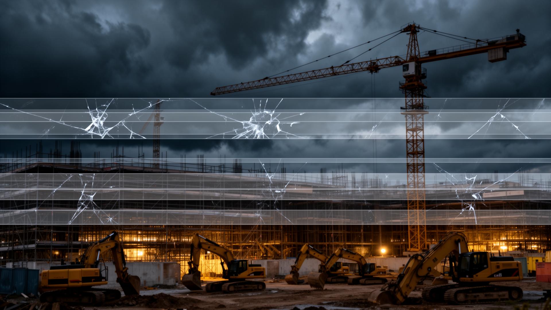 Dramatic dusk construction site with tower cranes, scaffolding and idle yellow excavators under a stormy sky, overlaid with translucent fractured horizontal bars symbolizing a broken project schedule used in delay analysis and extension-of-time claims.