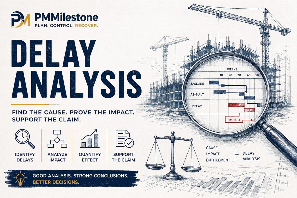 PMMilestone Delay Analysis illustration — construction cranes over a partially built structure with a magnifying glass revealing a Gantt chart of baseline, as-built and delay bars, plus scales of justice symbolising cause, impact and entitlement.