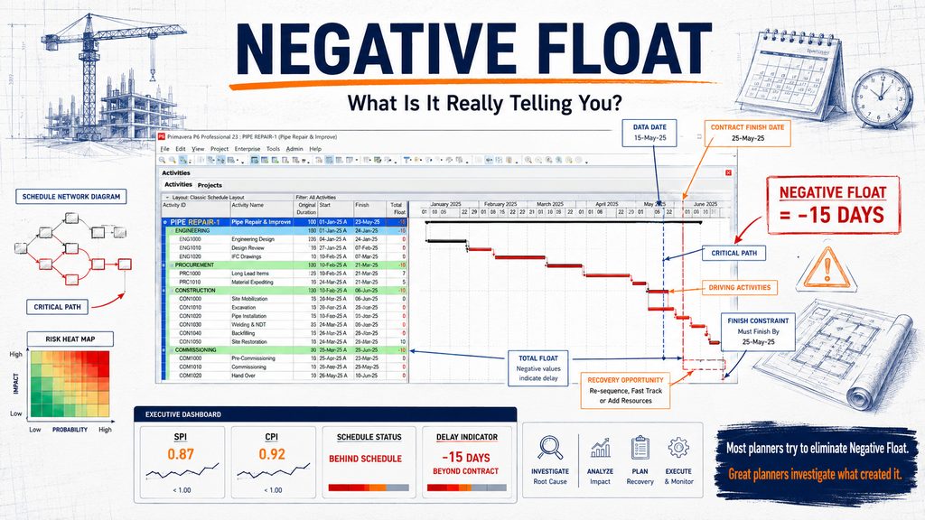 Primavera P6 schedule showing -15 days of negative float against a Must Finish By constraint, with executive dashboard tiles for SPI 0.87 and CPI 0.92.