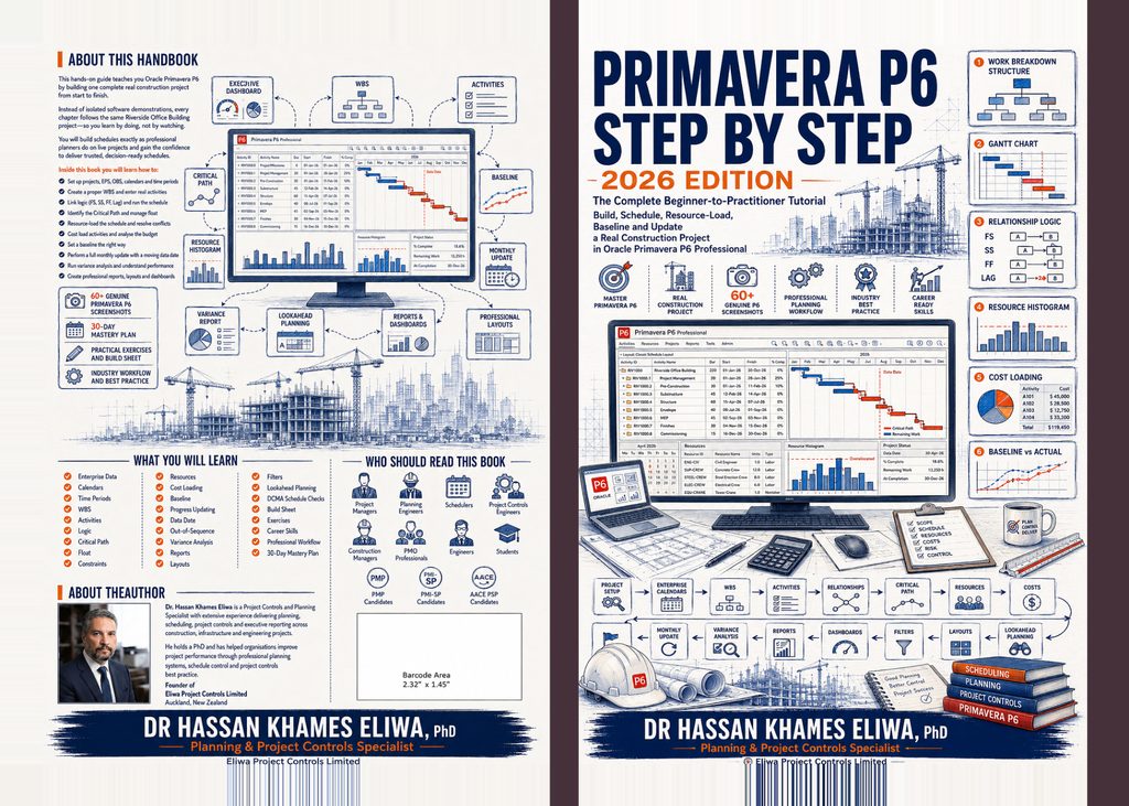 Primavera P6 Step by Step — 2026 Edition full-wrap hardcover cover by Dr. Hassan Khames Eliwa, showing WBS, Gantt chart, resource histogram and construction workflow diagrams.